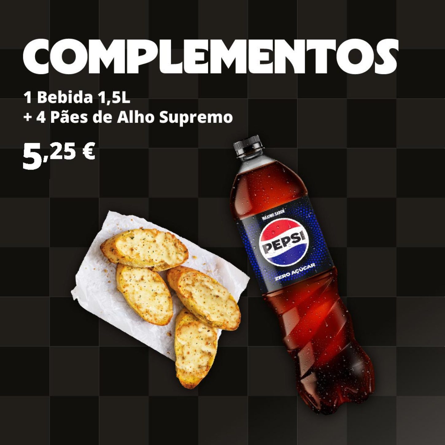 Garrafa de Pepsi 1,5lt e 4 pães de alho supremo da Pizza Hut