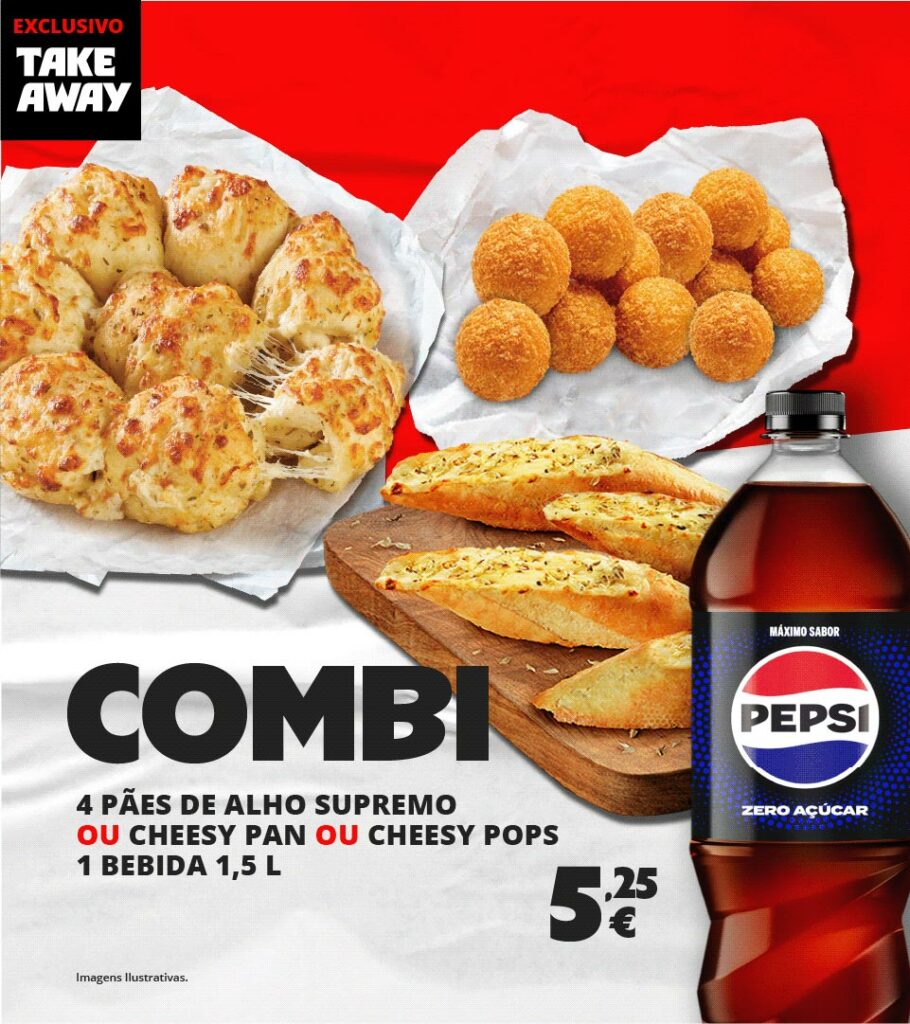 Combi Take Away - 4 pães de alho supremo ou Cheesy Pan ou Cheesy Pops + bebida 1,5L