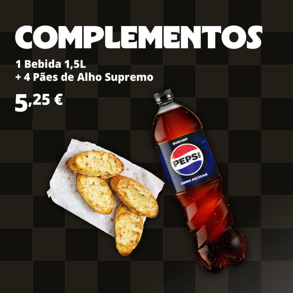 Garrafa de Pepsi 1,5lt e 4 pães de alho supremo da Pizza Hut